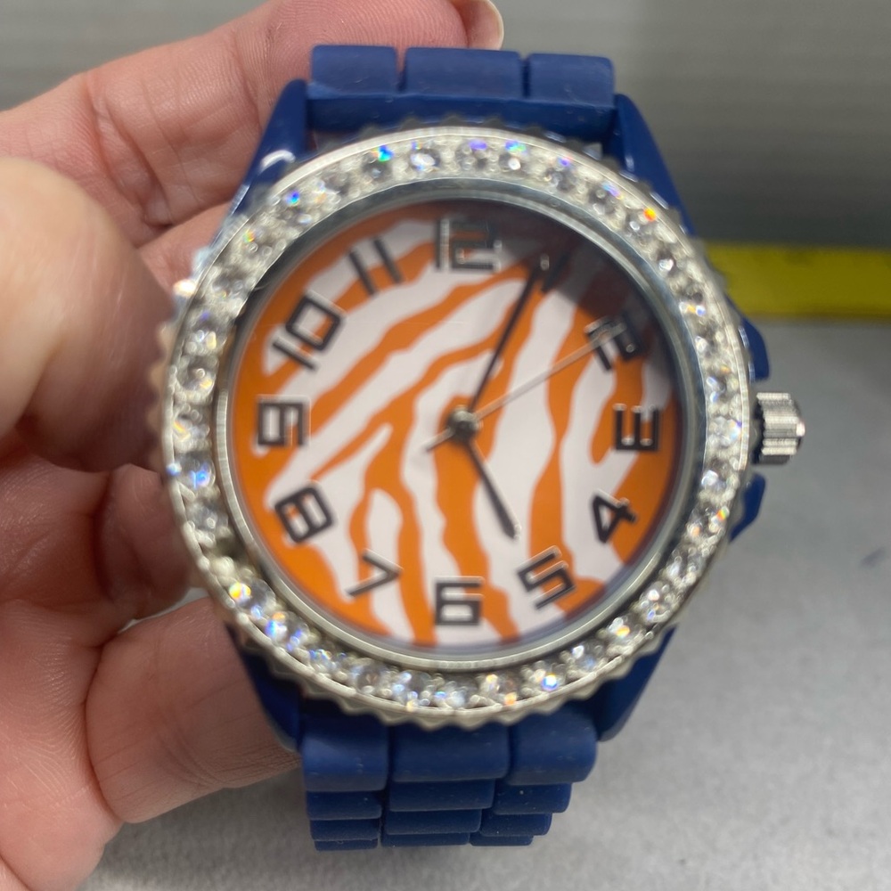 “Geneva” Blue Silicone Watch Tiger Stripe 12 Hour Quartz With Rhinestone Watch